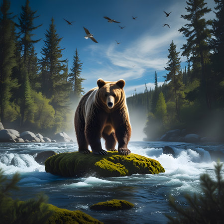 Bear on the rock in the middle of the river. 3D renderingの素材