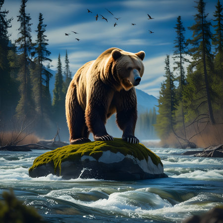 Brown bear standing on a rock in the wild taiga. 3D renderingの素材