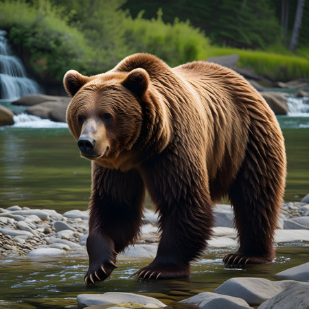 Brown bear walking in the river. Wildlife scene from wild nature.の素材