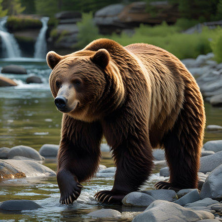 Brown bear on the bank of a mountain river in the forest.の素材