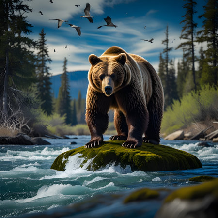 Brown bear on a rock in the taiga. 3d renderの素材