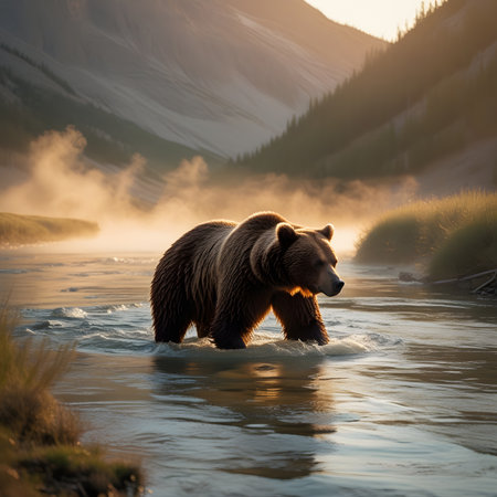 Grizzly bear on the river at sunset. Katmai National Park, Alaska, USAの素材
