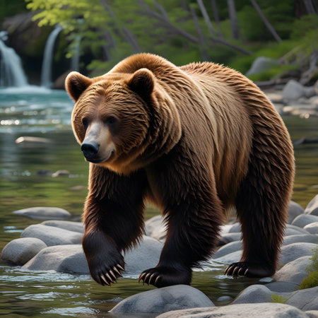 Grizzly bear on the background of a waterfall in the forestの素材