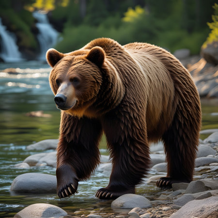 Brown bear walking in the water on a background of a mountain riverの素材