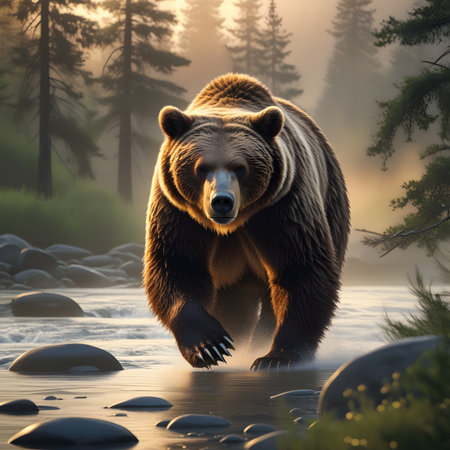 3D Illustration of a Grizzly Bear in the forest at sunsetの素材