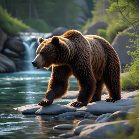 Grizzly bear on the bank of a mountain river.の素材