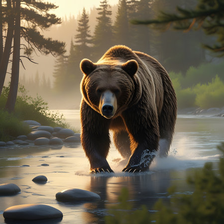 Grizzly bear in the forest at sunset. 3D illustrationの素材