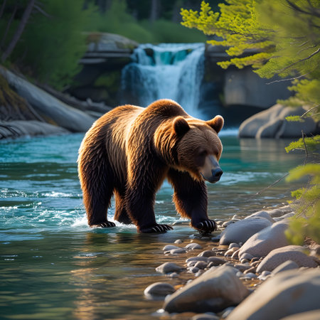Grizzly bear standing in front of a waterfall in the forestの素材