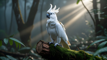 White Cockatoo on a log in the rainforest, Thailandの素材
