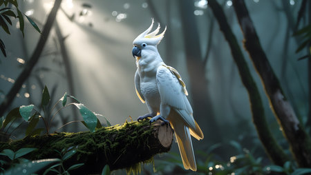 Cockatoo sitting on a branch in the rainforest.の素材