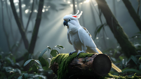 Cockatoo parrot standing on a log in the forestの素材