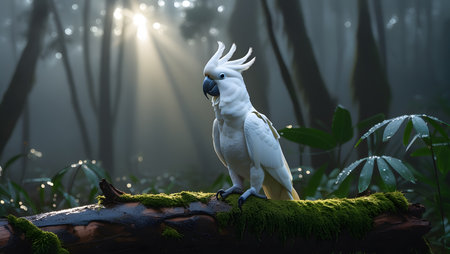 White Cockatoo on a branch in the forest at night.の素材