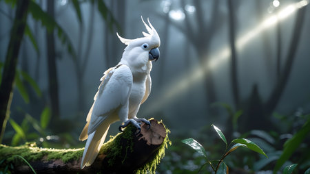 White Cockatoo sitting on a branch in the rainforest.の素材