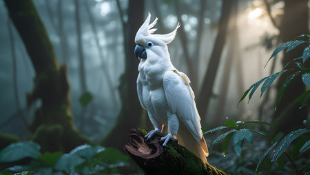 White Cockatoo on a tree in the rainforest at nightの素材