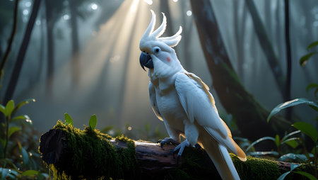 White Cockatoo in the rainforest with foggy background.の素材