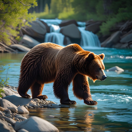 Grizzly bear in the river. Brown bear on the background of a waterfallの素材