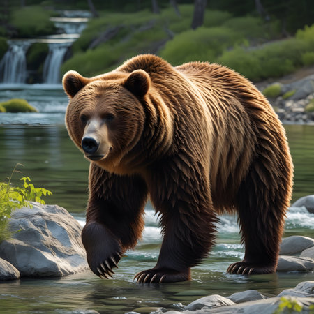 Brown bear on the bank of a mountain river. Wildlife scene from nature.の素材