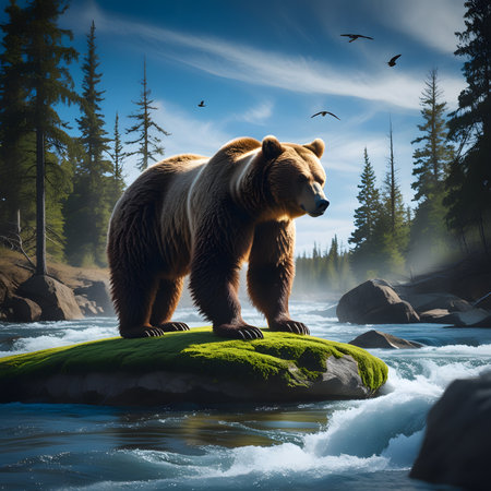 Wild brown bear on a rock in the forest. 3d renderingの素材