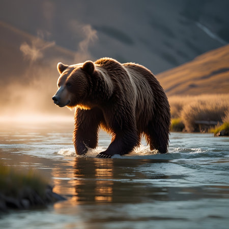 Grizzly bear in the river at sunset. Katmai National Park, Alaska, USAの素材