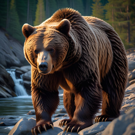 Grizzly bear on the shore of a mountain river.の素材