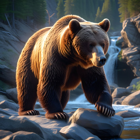 Brown bear on the rocks in the river in the forest at sunsetの素材