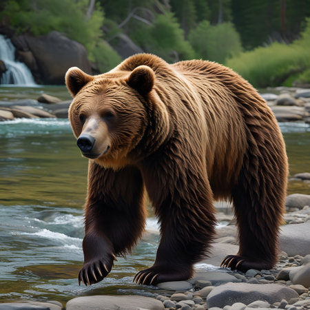 Brown bear walking on a stone in the river. Wildlife scene from wild natureの素材