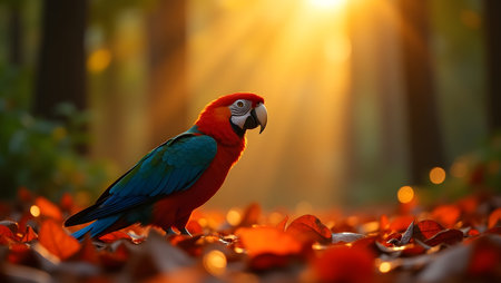 beautiful Scarlet macaw bird in the forest at sunset time.の素材
