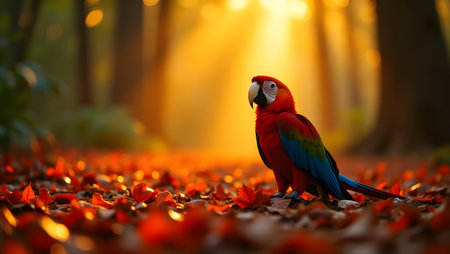 beautiful Scarlet macaw sitting on the ground in the forest at sunsetの素材