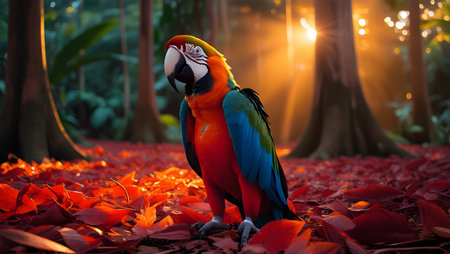 Colorful macaw parrot sitting on the ground in the forestの素材