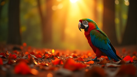 Colorful macaw parrot on autumn leaves in the forest at sunsetの素材