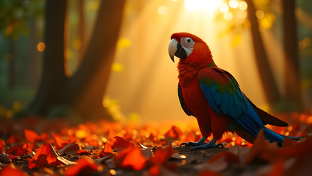 beautiful Scarlet macaw on the ground in the forest at sunsetの素材