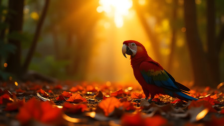 beautiful Scarlet macaw parrot in the forest at sunset.の素材