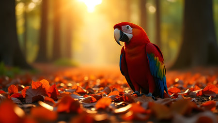 Colorful macaw on the ground with autumn leaves background in forestの素材