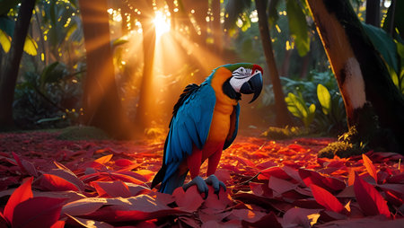 Colorful macaw sitting on red leaves in the forest at sunsetの素材