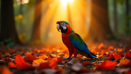 Colorful macaw parrot sitting on the ground in the autumn forestの素材