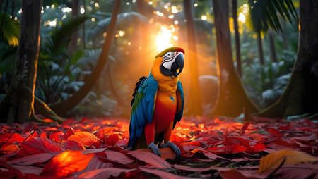 Colorful macaw parrot sitting on red leaves in the forestの素材