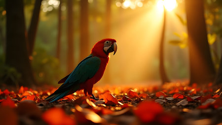 beautiful Scarlet macaw bird on the ground in the forest at sunsetの素材