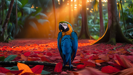 Blue and yellow macaw on the ground in the forest with red leavesの素材
