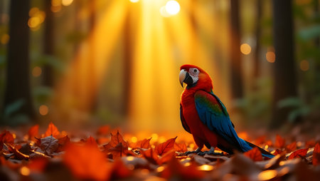 beautiful Scarlet macaw bird in the forest with orange leaves at sunsetの素材