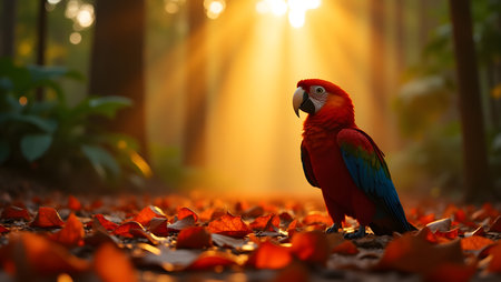 beautiful Scarlet macaw bird in the forest with sun light.の素材