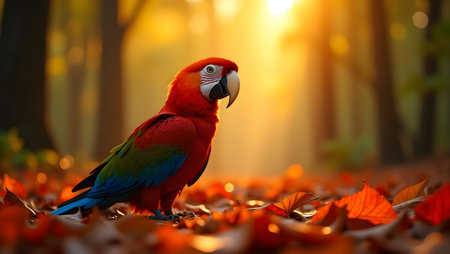 beautiful Scarlet macaw bird on autumn leaves background in the forestの素材