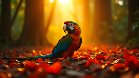 Beautiful macaw parrot sitting on the ground in the forestの素材