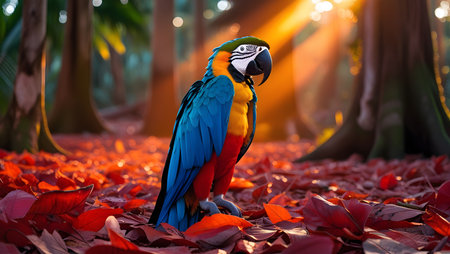 Beautiful colorful macaw parrot sitting on the ground in the forestの素材