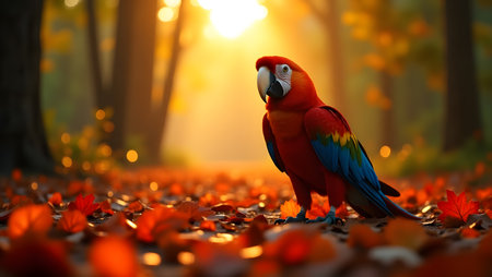 beautiful Scarlet macaw on autumn leaves background,3d renderの素材