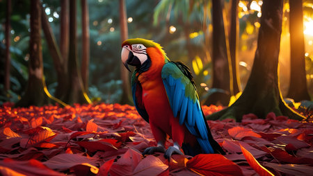 Colorful macaw parrot in the jungle at sunset time.の素材