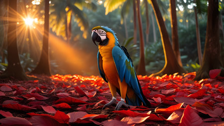 Colorful macaw parrot in the tropical forest at sunset.の素材