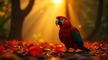 beautiful Scarlet macaw on the ground in the forest with sunlightの素材