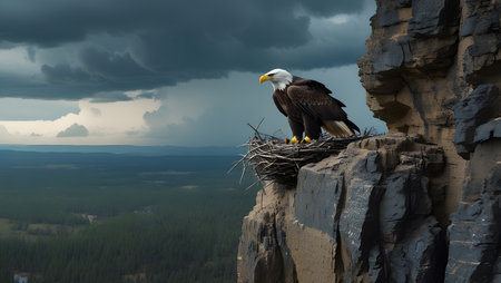 Bald Eagle sitting on a nest in the mountains. 3d renderingの素材