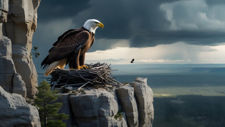 Bald Eagle (Haliaeetus leucocephalus) sitting in a nest on top of a rockの素材