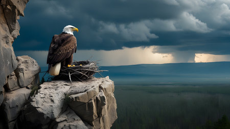 Bald Eagle sitting in a nest on the top of a rockの素材